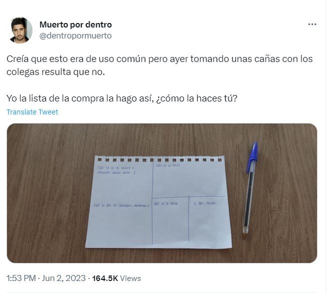 El tweet de @Dentropormuerto en el que cuenta la reacción de sus amigos al enterarse de cómo hace la lista de la compra