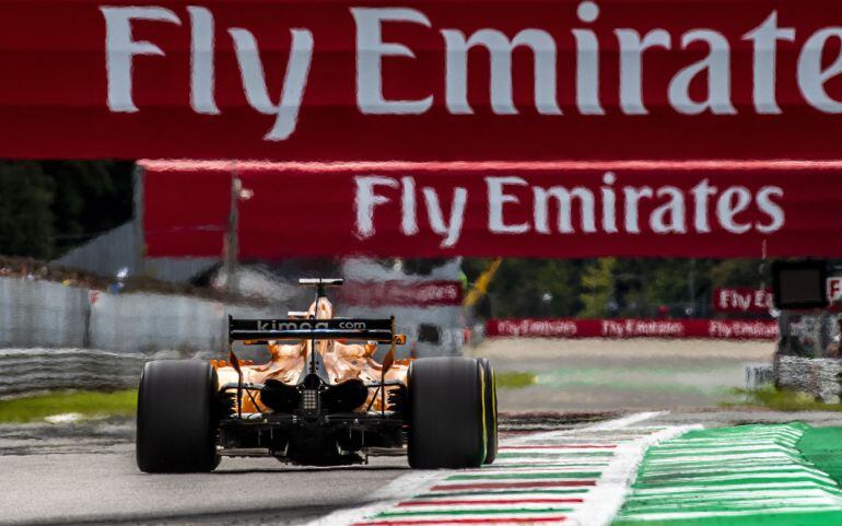 Spanish Formula One driver Fernando Alonso of McLaren in action during the third practice session at the Formula One circuit in Monza, Italy, 01 September 2018. The 2018 Formula One Grand Prix of Italy will take place on 02 September 2018. 