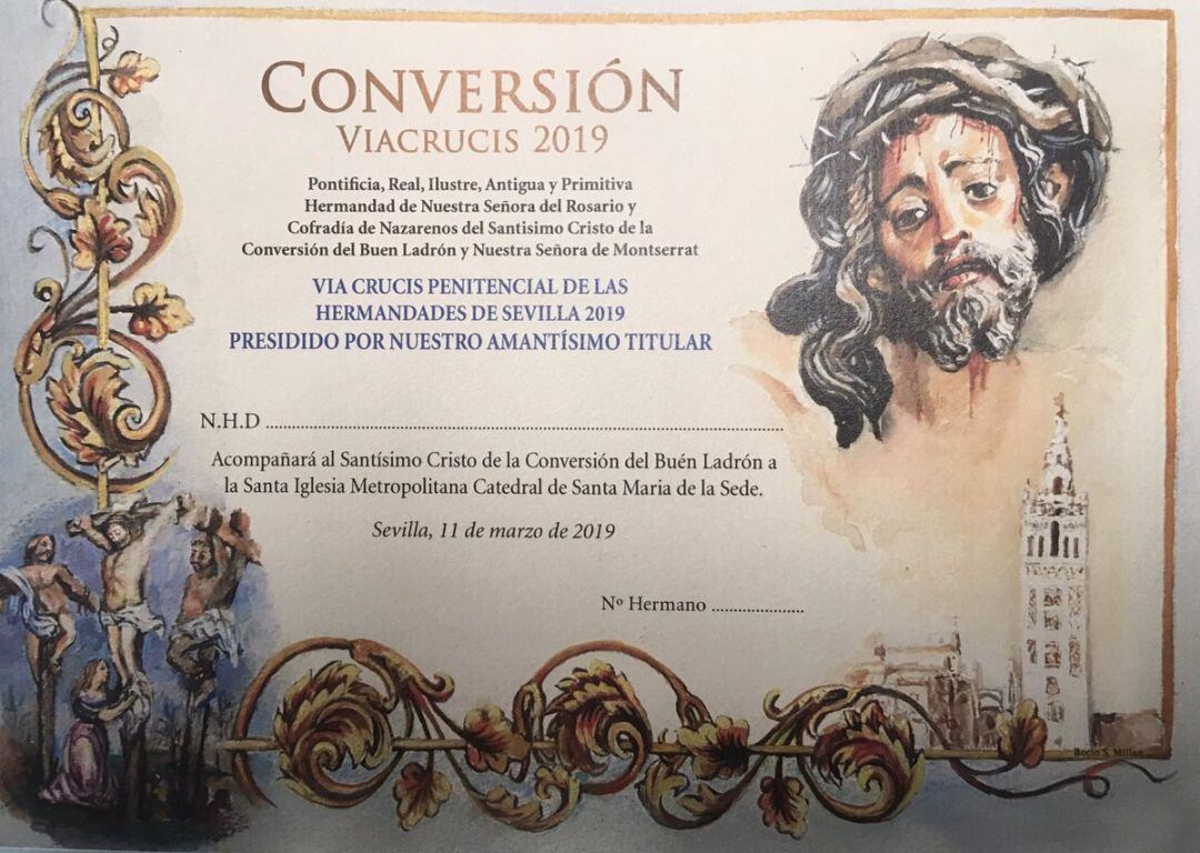 Papeleta de sitio extraordinaria editada por la Hermandad de Montserrat con motivo del vía crucis de las cofradías de Sevilla que presidirá el próximo 11 de marzo en la Catedral el Cristo de la Conversión del Buen Ladrón