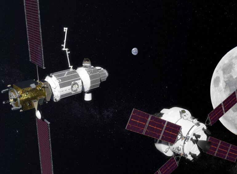 Recreación artística de los tres módulos que formarán la primera estación espacial que orbitará alrededor de la Luna. 