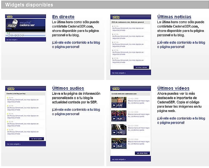 Un corte de la portadilla de Widgets de CadenaSER.com, un nuevo servicio para los usuarios de la WEB