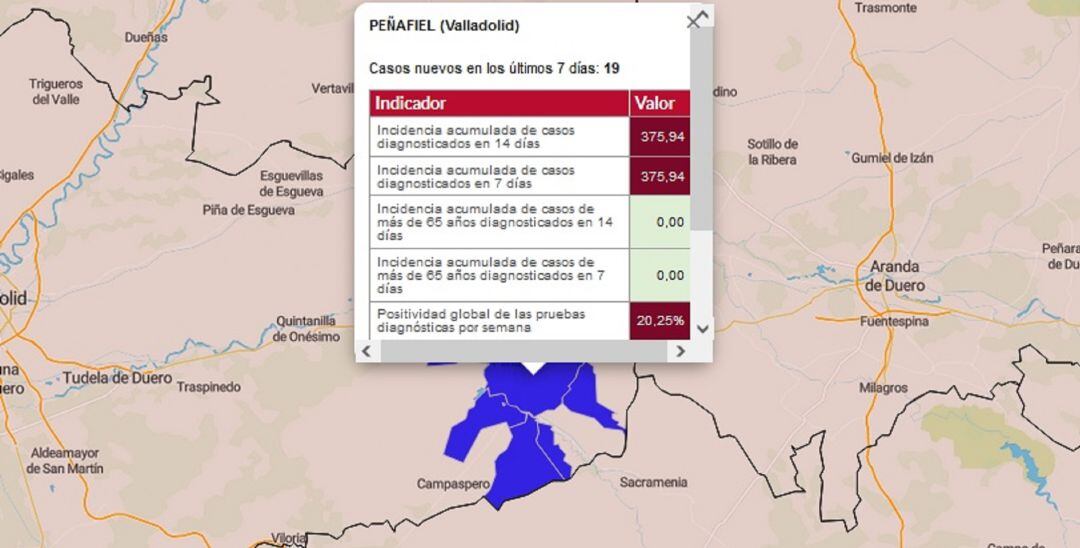 Mapa de la incidencia acumulada de casos diagnosticados por la Covid-19 en Peñafiel.