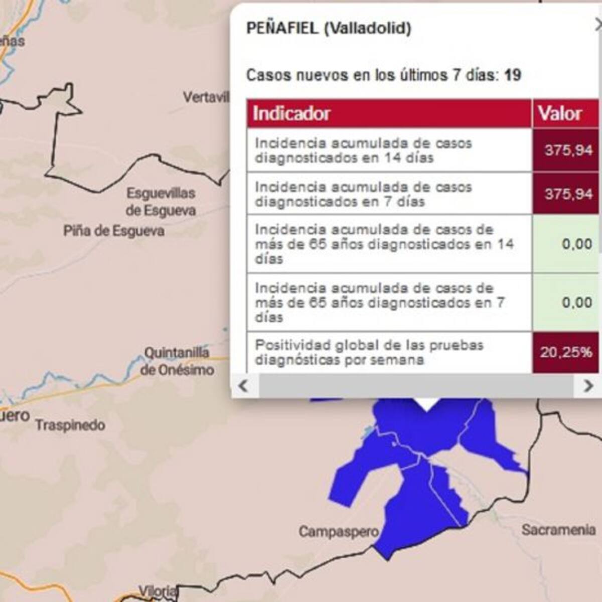 El índice de contagios se dispara en Peñafiel hasta los 375 puntos