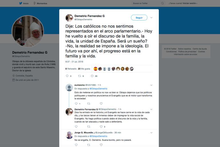 Tweet del Obispo de Córdoba sobre el discurso de Pablo Casado