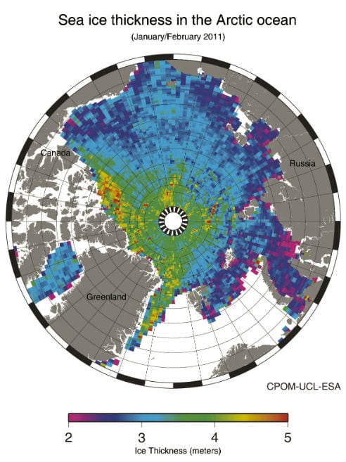 Imagen facilitada por la Agencia Espacial Europea (ESA) del primer mapa de la densidad del hielo del océano Ártico durante la misión del satélite Cryosat-2