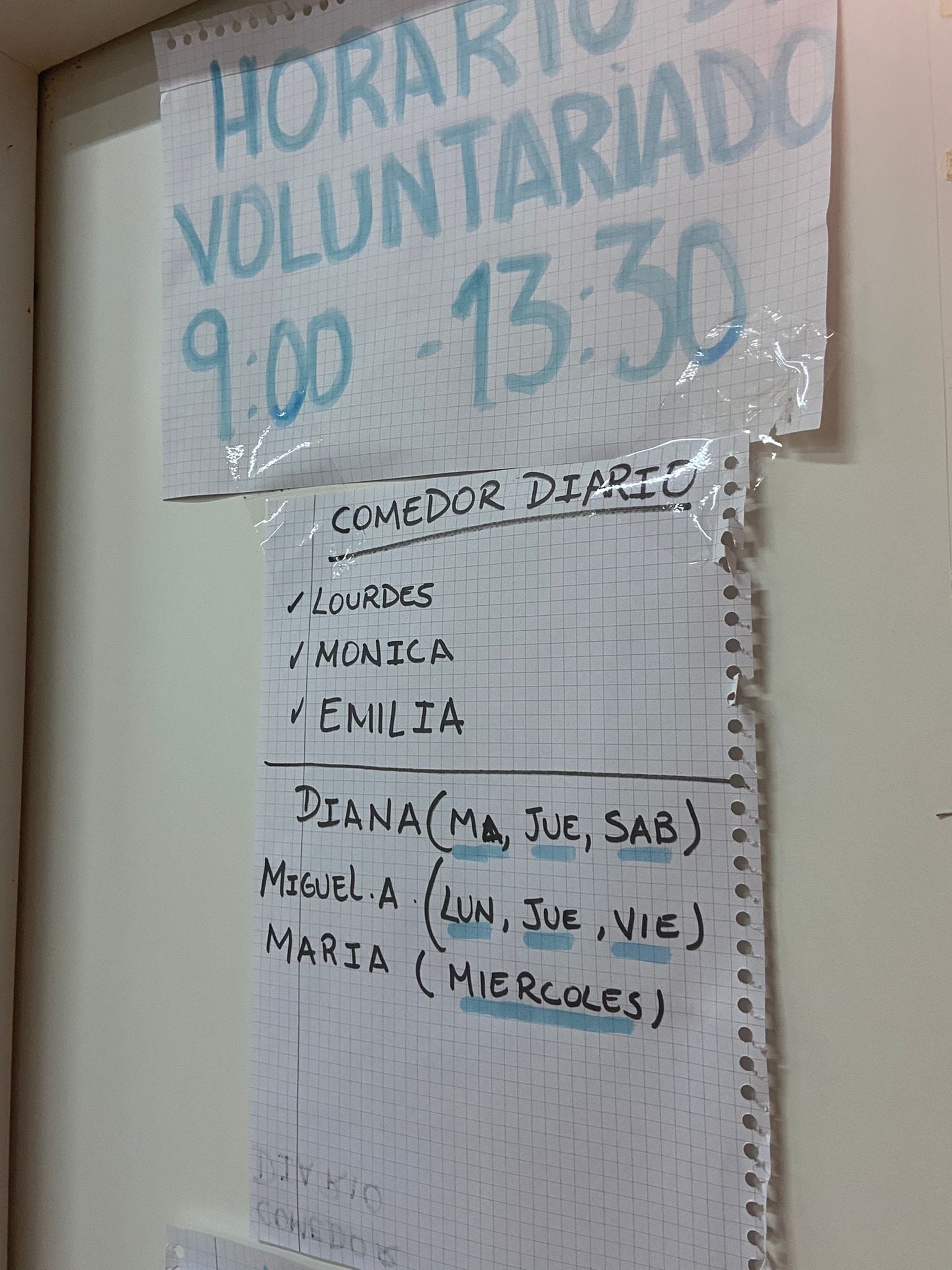 La distribución de trabajo entre los voluntarios.