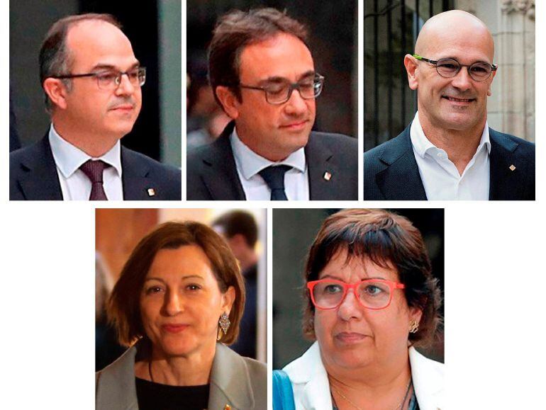 Arriba, de izqda. a dcha, los exconsellers Jordi Turull, Josep Rull y Raül Romeva; abajo, de izqda. a dcha., la expresidenta del Parlament Carme Forcadell y la exconsellera Dolors Bassa, para los que el juez del Tribunal Supremo Pablo Llarena ha rodenado 