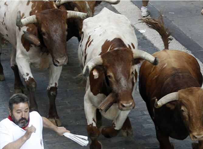 Un corredor frente a los tres toros de El Pilar en el séptimo encierro / REUTERS