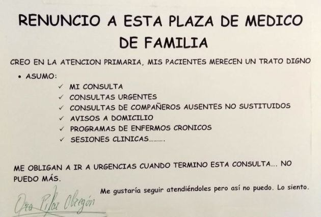 Carta de renuncia hecha pública por una doctora de Atención Primaria