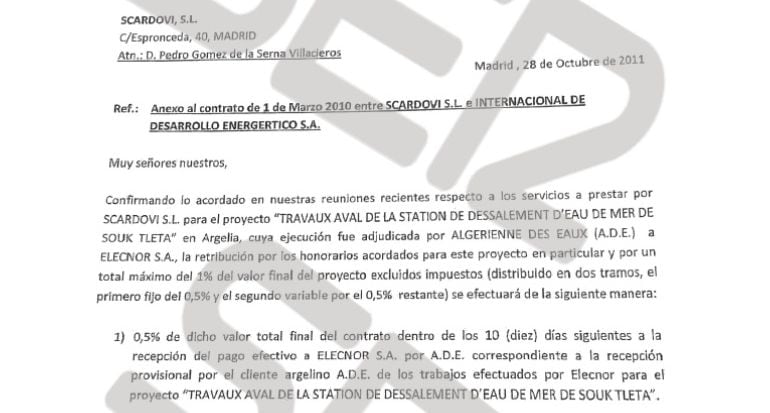 Documento que refleja la comisión pactada con Elecnor por el contrato de una desaladora en Argelia.