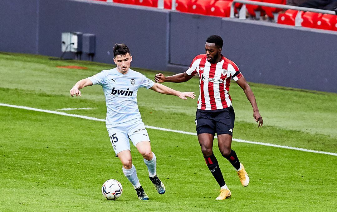 Hugo Guillamon of Valencia CF and Inaki Williams of Athletic Club during the Spanish league, La Liga Santander, football match played between Athletic Club and Valencia CF at San Mames stadium on February 7, 2021 in Bilbao, Spain.