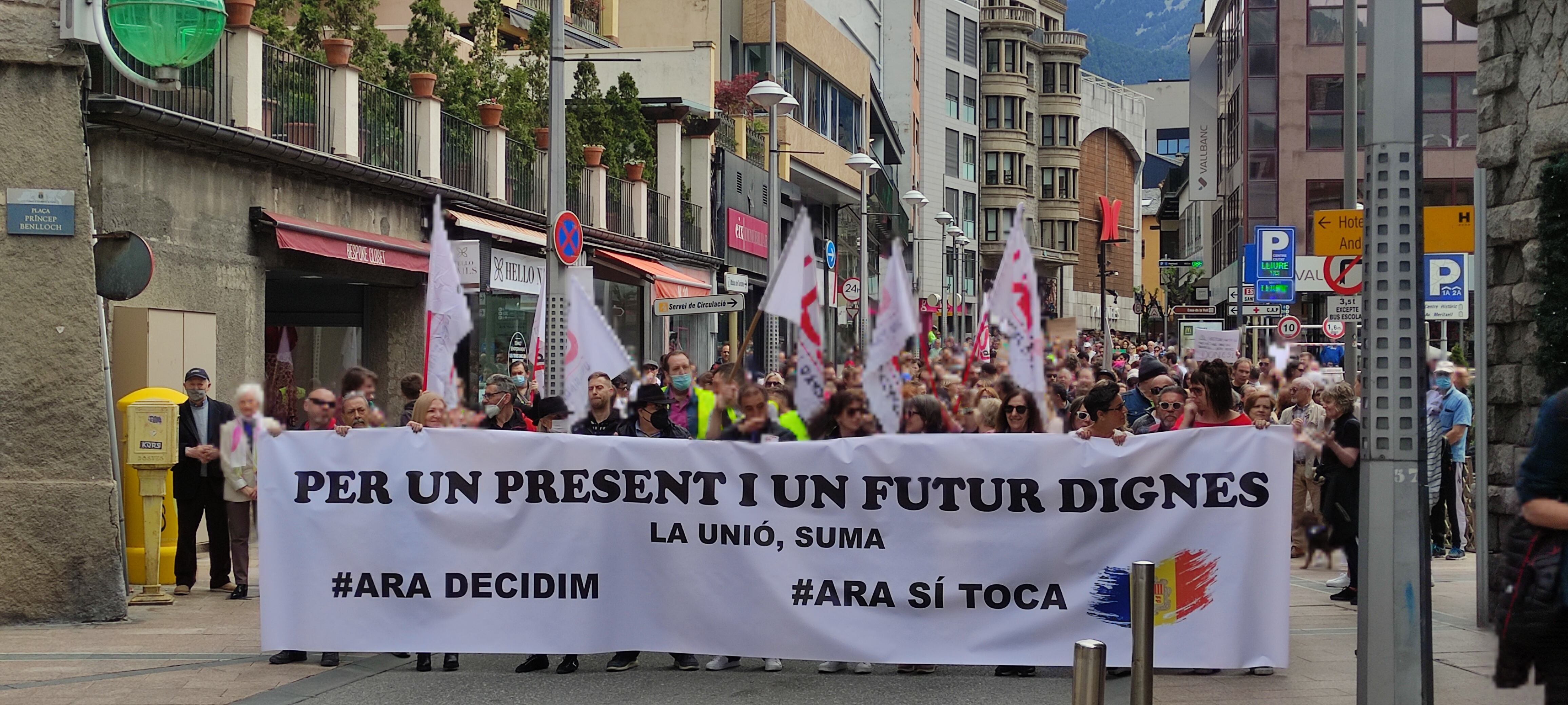 Capçalera de la manifestació del Primer de Maig d&#039;aquest diumenge a Andorra.