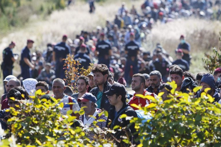 Policías húngaros vigilan a refugiados que han cruzado la frontera con Croacia, cerca de Zakany, Hungría