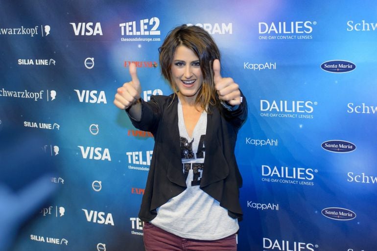 Fotografía facilitada por RTVE de la representante española en Eurovision 2016, Barei, posando hoy para la prensa después de completar su primer ensayo sobre el escenario del Globen Arena de Estocolmo, donde el sábado 14 se celebrará la final. 