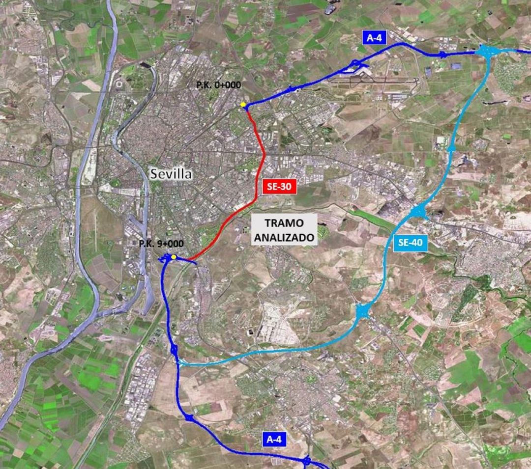 Mapa del nuevo tramo de la SE-40 entre Alcalá de Guadaíra y Dos Hermanas