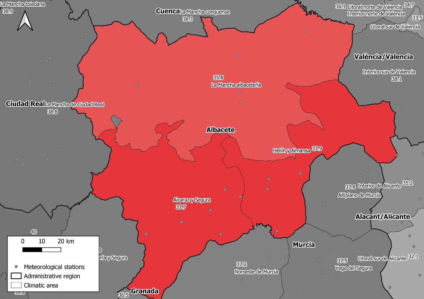 Mapa de temperaturas a las que se disparan las muertes por calor dentro de la provincia de AlbaceteInstituto de salud carlos III