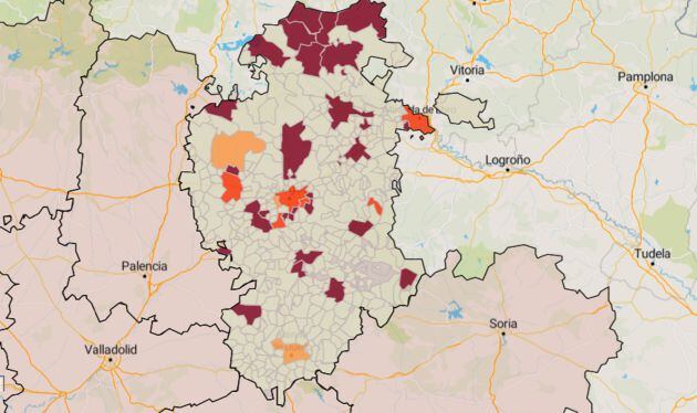 Situación de riesgo en la provincia de Burgos, mapa coloreado