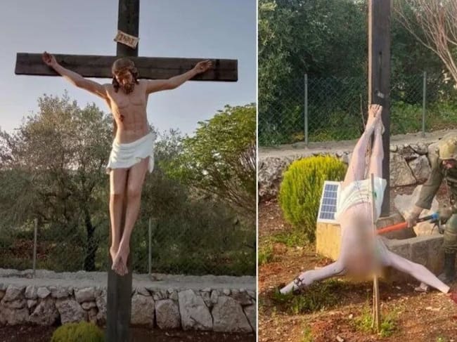 Las Fuerzas de Defensa han confirmado este lunes la autenticidad de la fotografía de un soldado de las FDI destruyendo a martillazos un Cristo en el sur de Líbano (d).