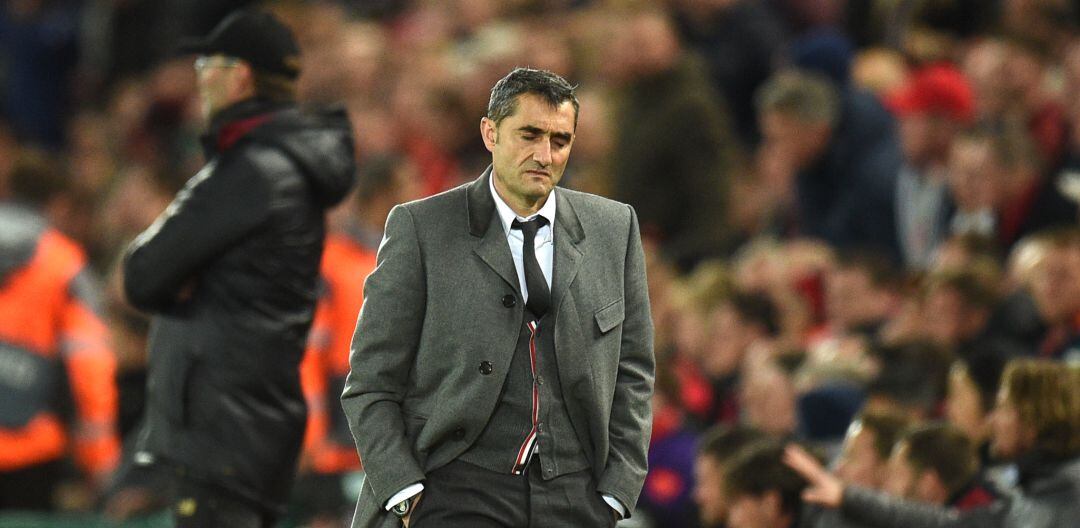 Ernesto Valverde, durante el partido de la pasada temporada de Anfield