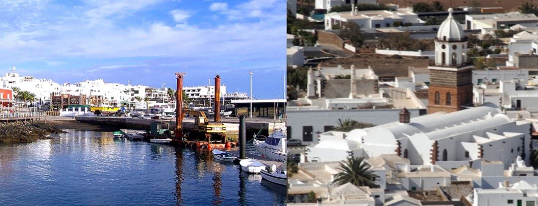 Zona del Varadero de Puerto del Carmen y vista aérea de la Villa de Teguise.