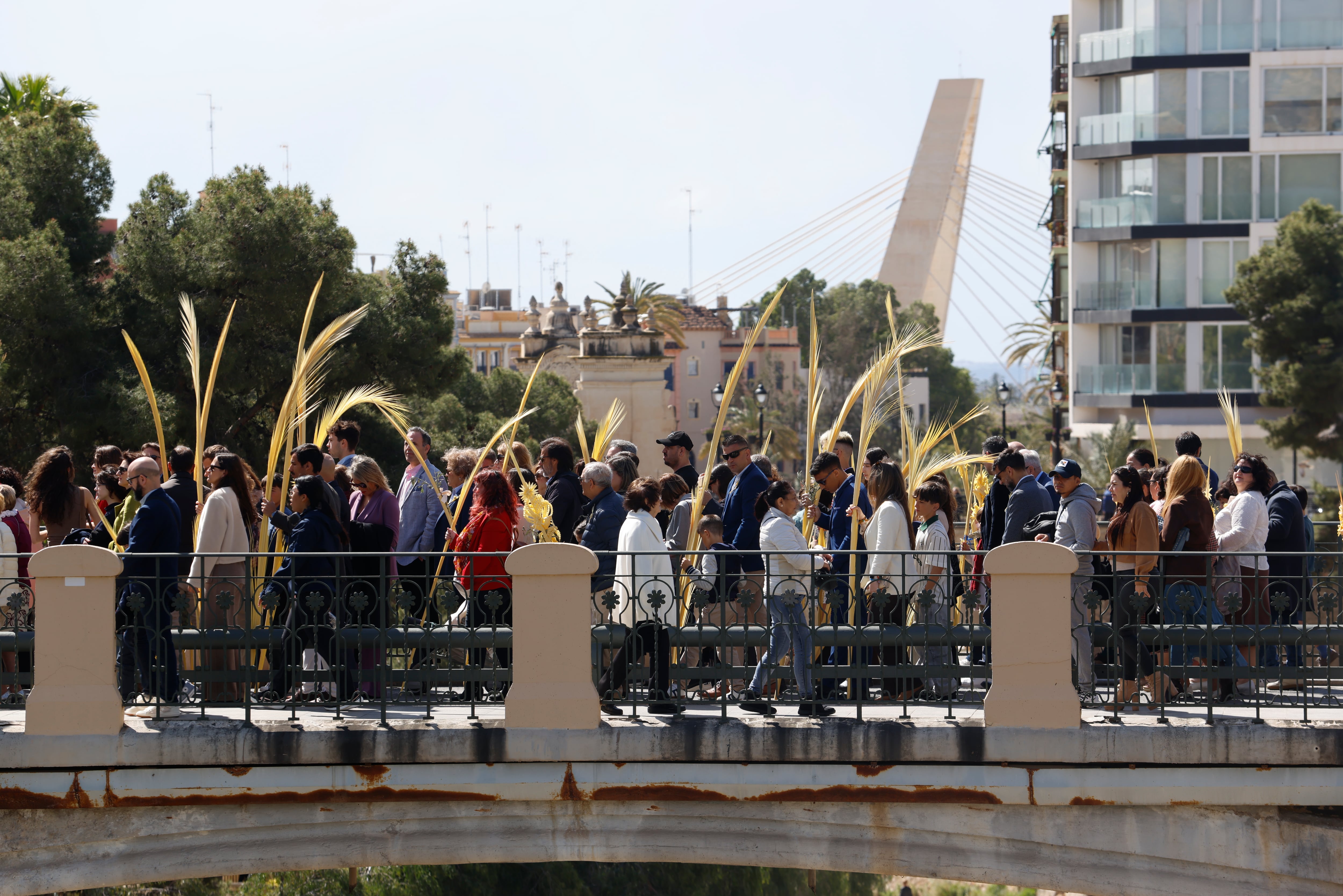 Elche (Alicante), 29/03/2026.- Cientos de personas portan palmas durante la procesión del Domingo de Ramos en Elche, Alicante. EFE/Pablo Miranzo