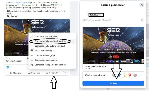 Pasos para compartir públicamente el post del sorteo