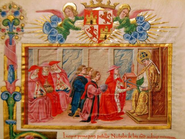 Gil de Albornoz entregando simbólicamente al papa San Clemente I la capilla del Colegio de España, dedicada a dicho santo.