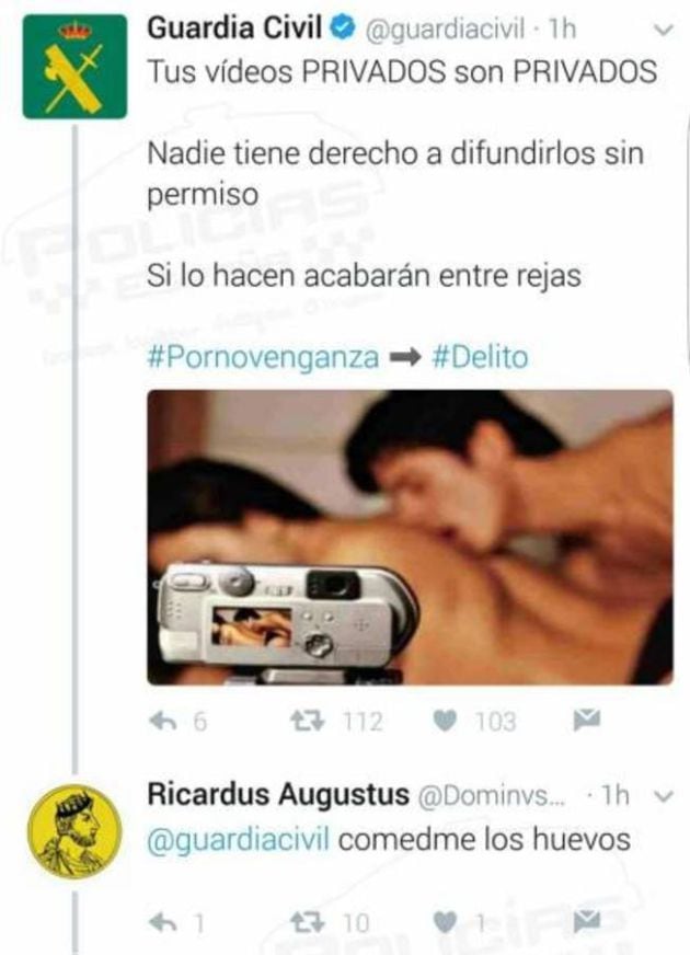 Mensaje del usuario Ricardus Augustos a la Guardia Civil, actualmente borrado.