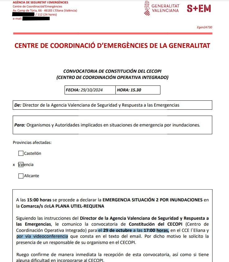 La convocatoria del CECOPI de la Generalitat de aquel 29 de octubre se convocó por videoconferencia.