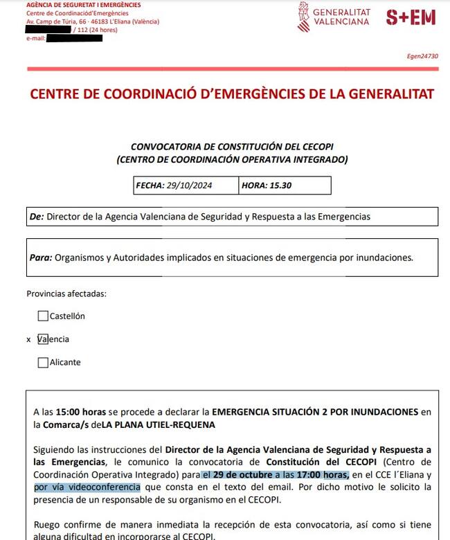 La convocatoria del CECOPI de la Generalitat de aquel 29 de octubre se convocó por videoconferencia.