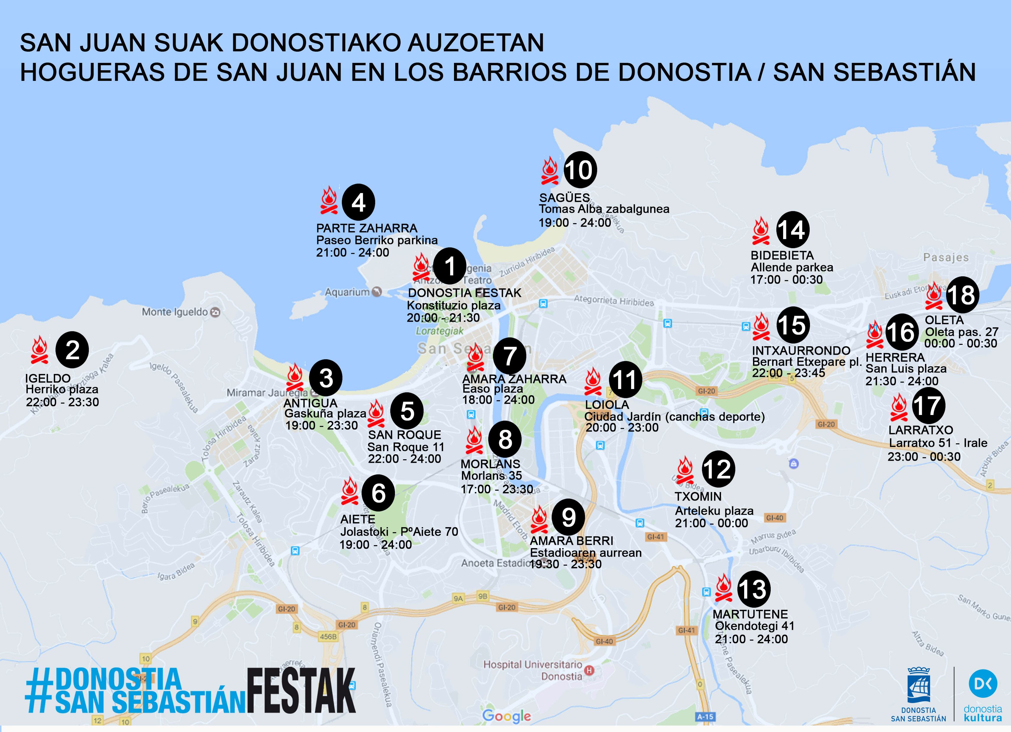 Mapa de las hogueras que se van a llevar a cabo en diferentes barrios de Donostia / Donostia Kultura