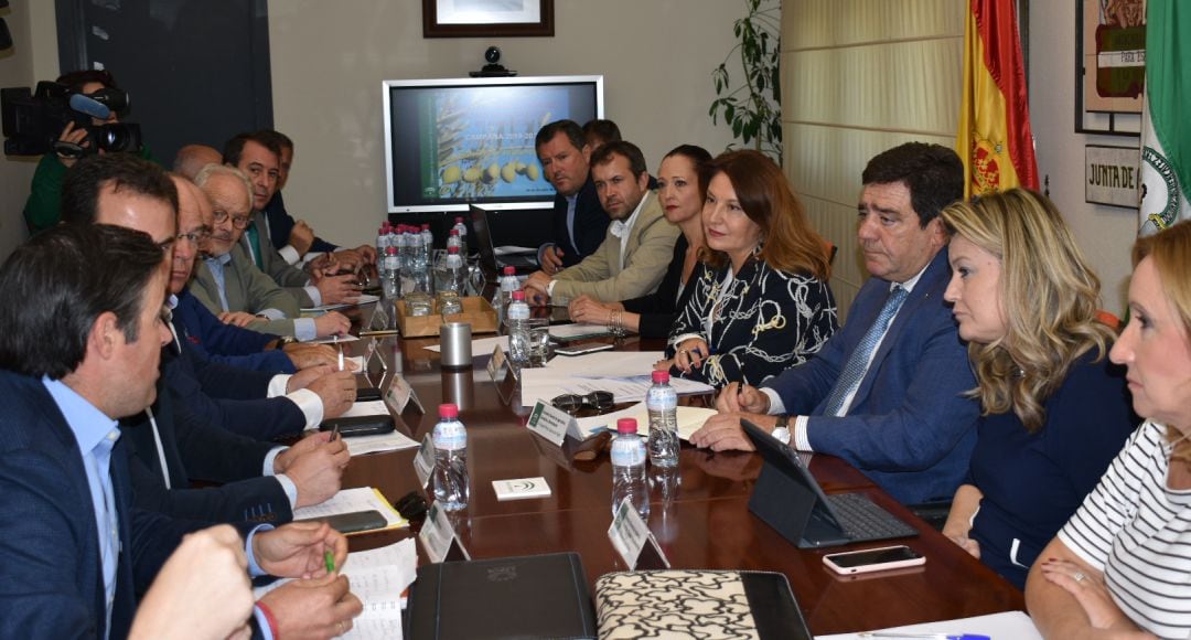 Autoridades y miembros de las organizaciones agrarias durante la reunión previa a la presentación del aforo.