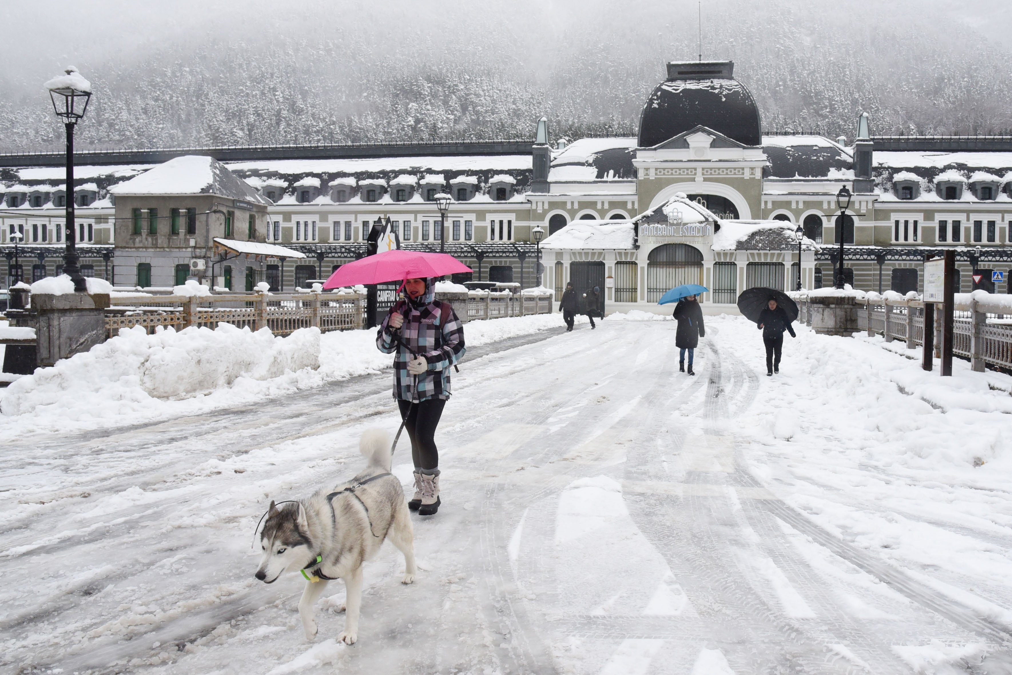 Varias personas caminando entre la nieve y las heladas