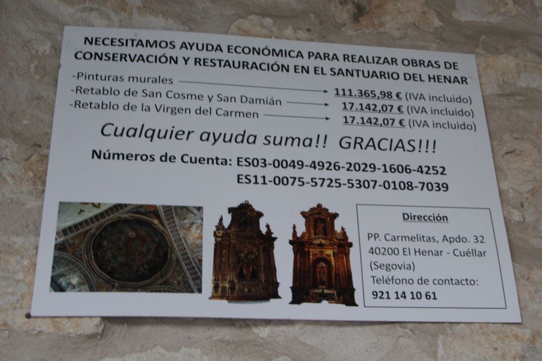 Cartel situado en la entrada del Santuario donde se informa de la necesidad económica para restaurar varios espacios del templo