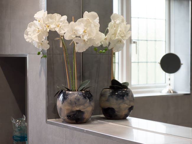 Planta con flores en un baño