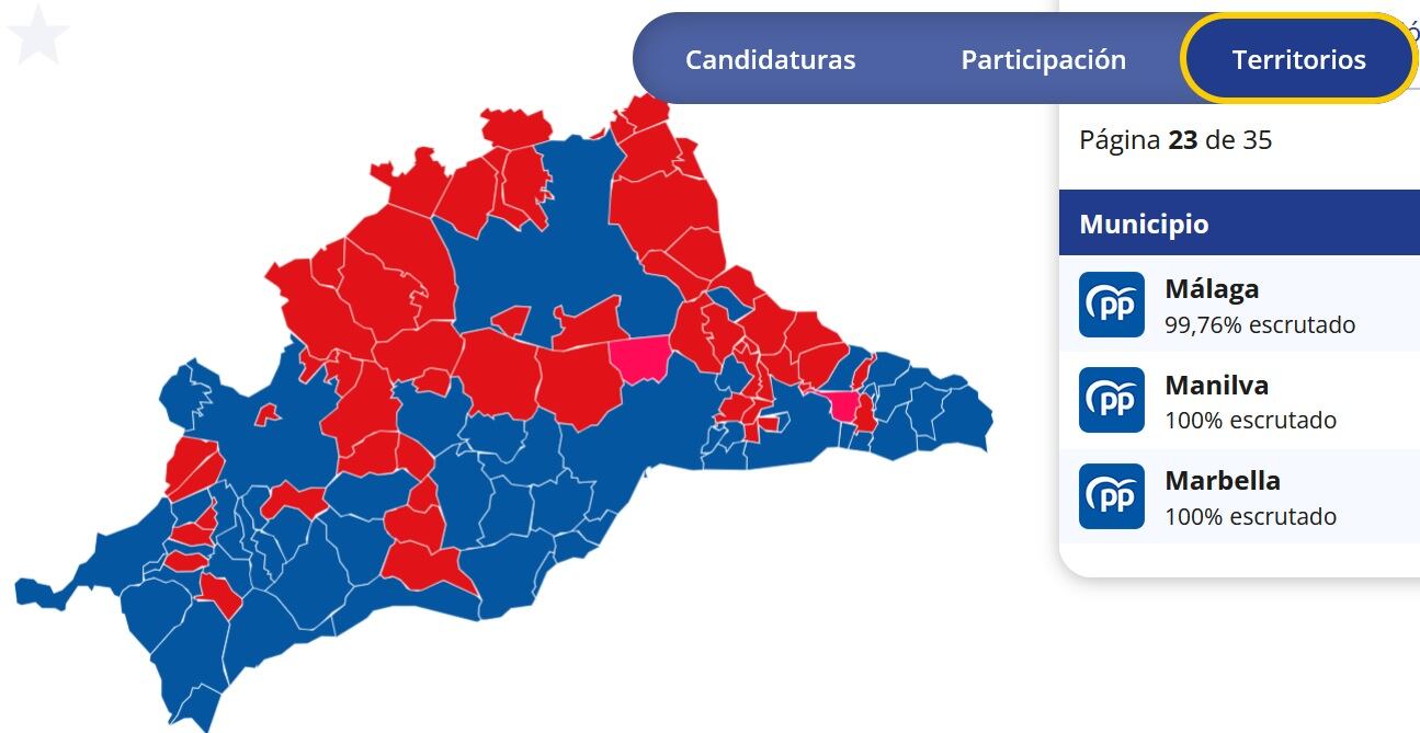 Mapa de la provincia de Málaga con los resultados electorales en los comicios al Parlamento Europeo. Cadena SER.