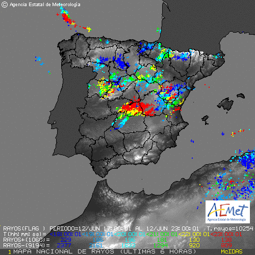 Mapa de la actividad de los rayos en España, durante la medianoche de este martes