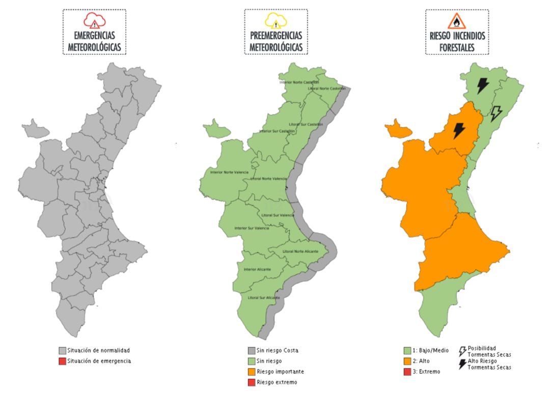 El riesgo de incendios forestales es alto el domingo 6 de septiembre en el interior de Valencia, interior sur de Castellón (con riesgo de tormentas) y el norte de Alicante.