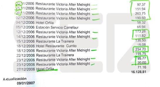 Listado de los gastos realizados por Álvaro Renedo en el Restaurante Midnight Rose, que regentaba en ese momento su hijo el chef Jaime Renedo