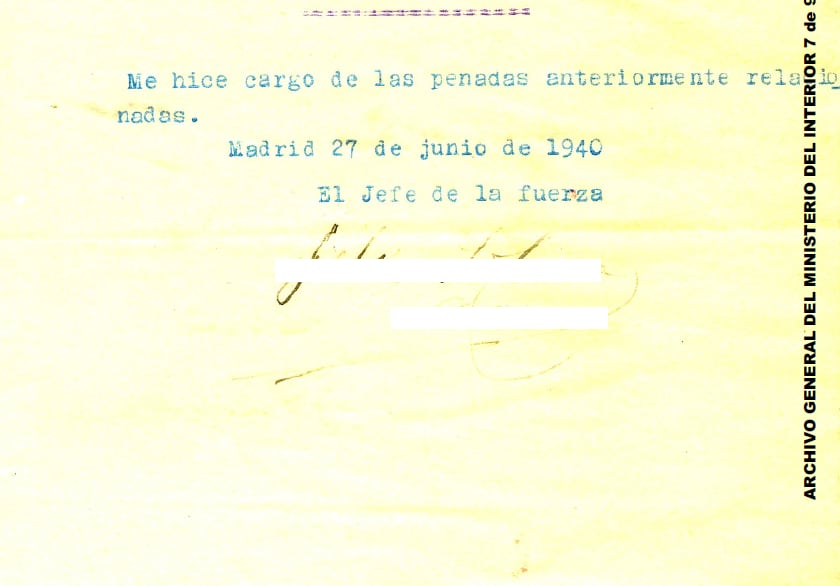 Documento censurado del Archivo General del Ministerio del Interior. Expediente solicitado por la familia de una represaliada