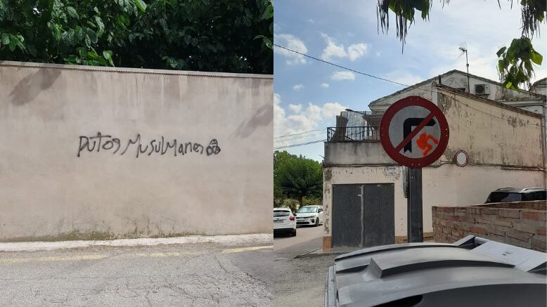 Pintadas con mensajes de odio e iconografía nazi aparecidas en Bocairent (Foto: Compromís per Bocairent)