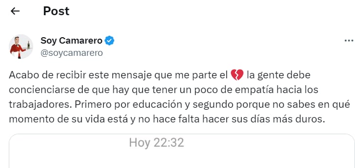 Un tweet de &#039;Soy Camarero&#039;.