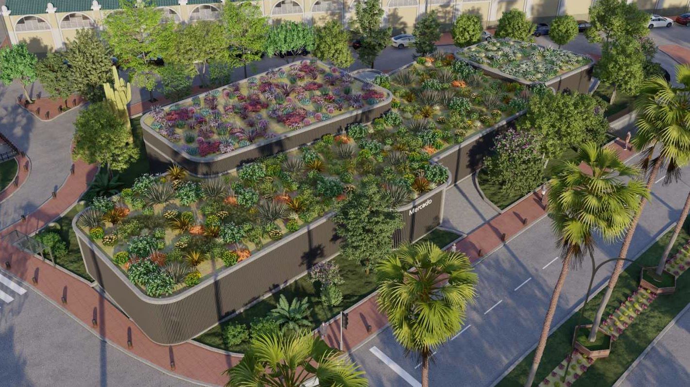 Así quedarían las pérgolas que se ubicarían en el mercado provisional junto a Verónicas, en Murcia