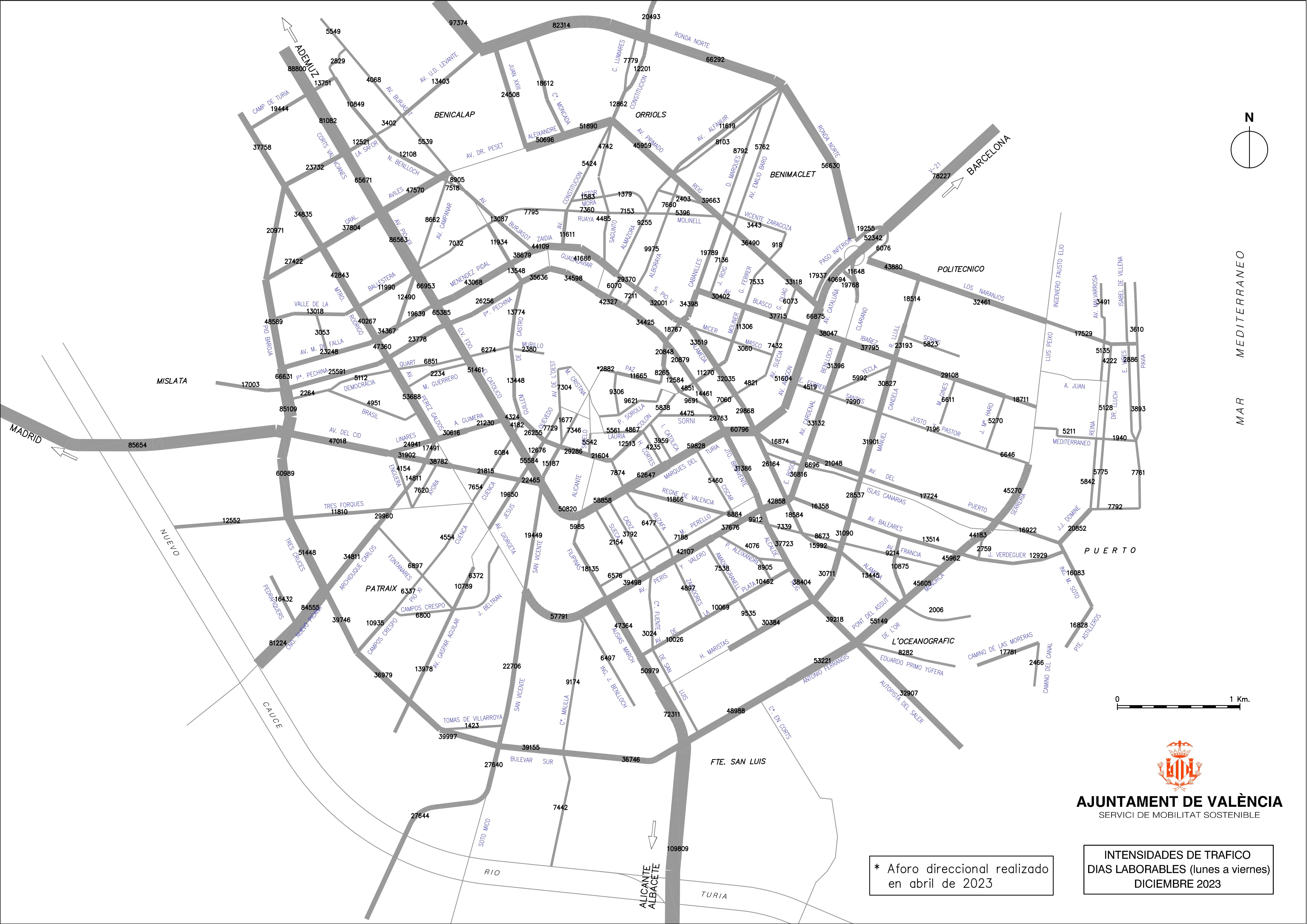 Intensidad circulatoria diaria en València en diciembre de 2023