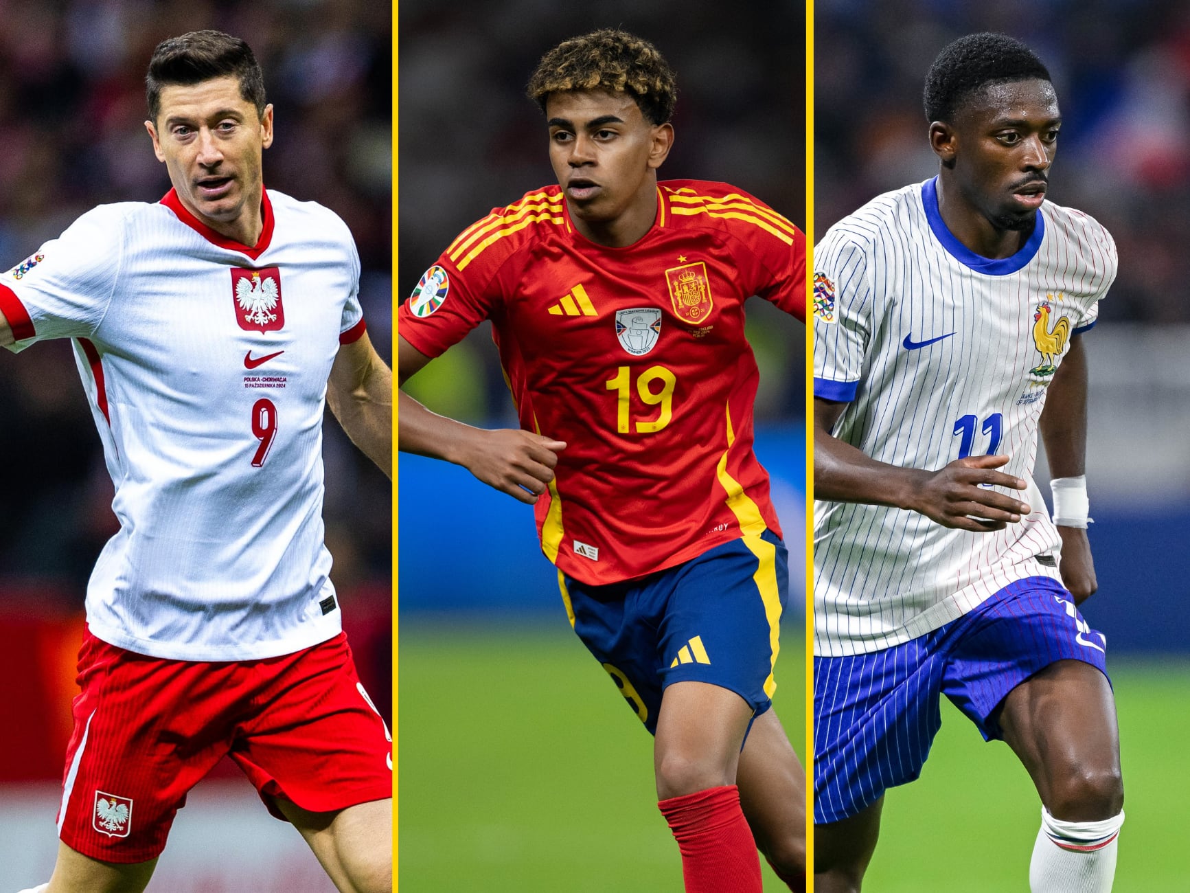 En un montaje, Lewandowski, Lamine Yamal y Dembelé con sus selecciones