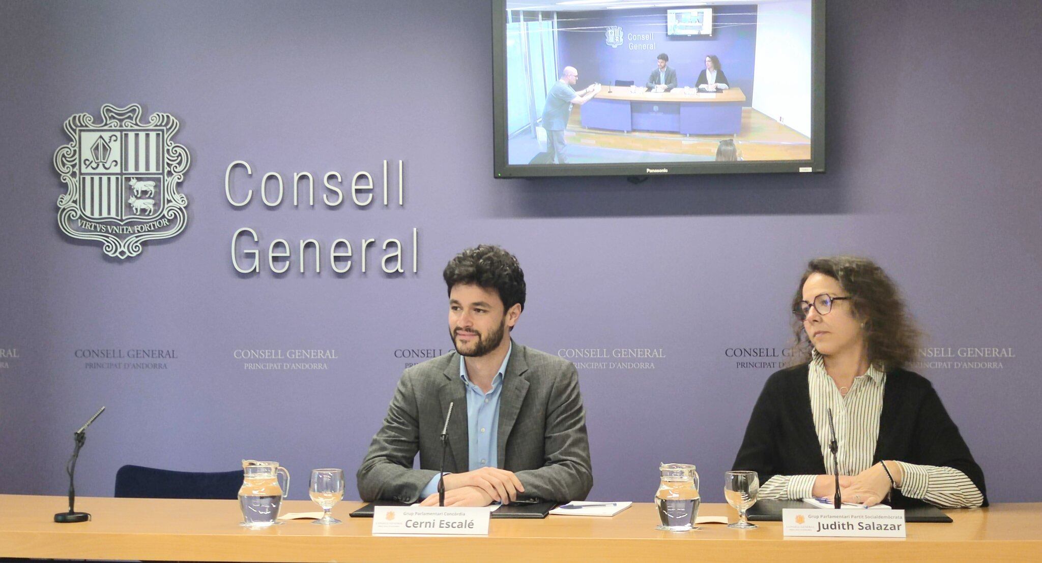 Els presidents dels grups parlamentaris de Concòrdia (e) i PS (d) en roda de premsa al Consell General.