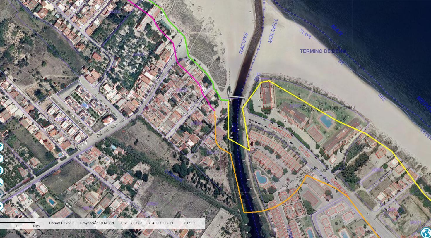 Uno de los mapas de deslinde en la costa de Dénia, facilitado por la Asociación Playas Norte.