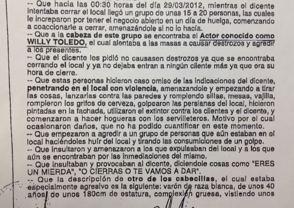 Fragmento del atestado policial en el que se denuncia al actor Willy Toledo por los incidentes provocados en un bar de Madrid en la madrugada de la huelga general