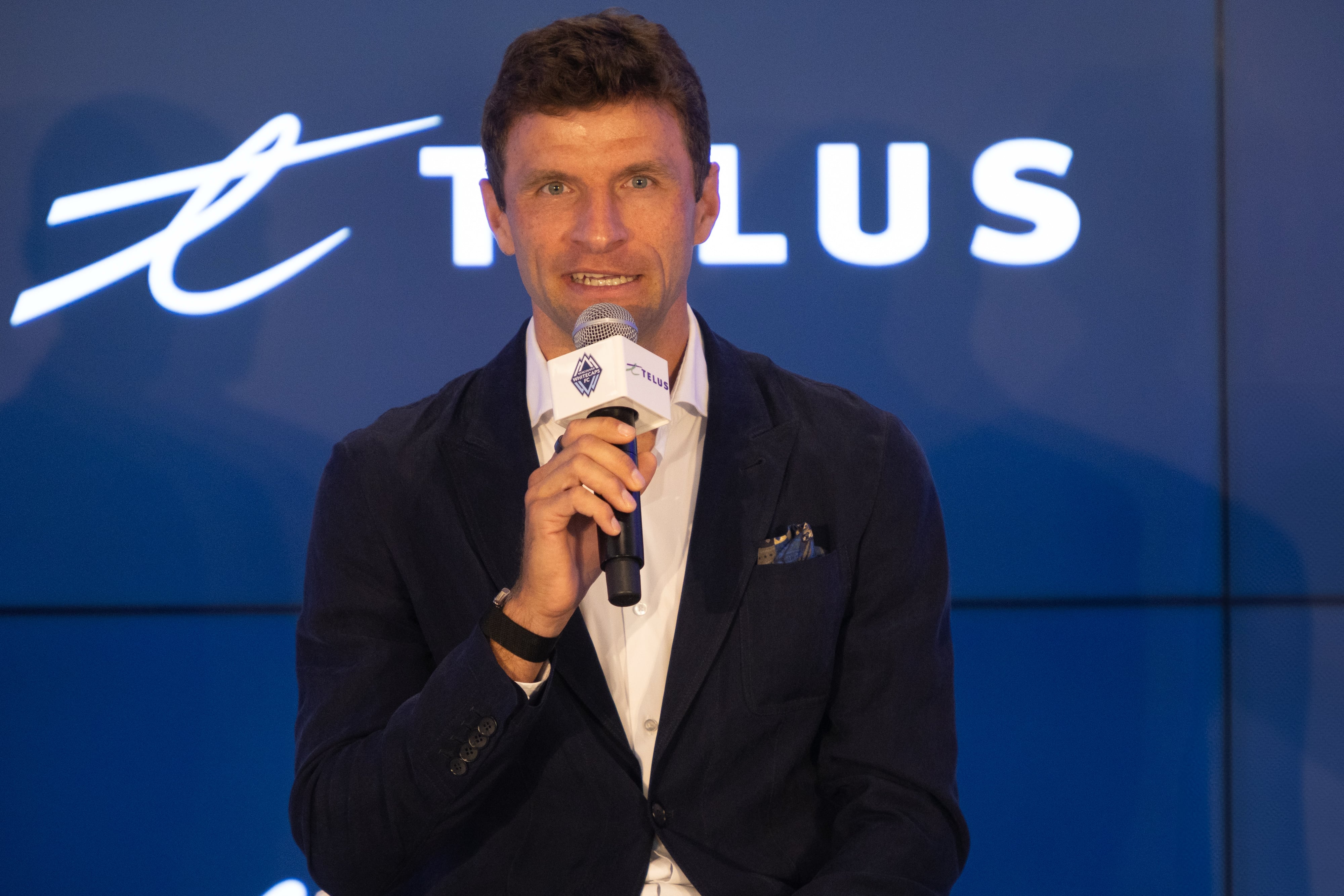 Thomas Muller es presentado como nuevo jugador del club de la MLS Vancouver Whitecaps el 14 de agosto de 2025 en el Vancouver Telus Garden de Vancouver, Columbia Británica. (Foto de Tomaz Jr/Pximages/Icon Sportswire vía Getty Images)
