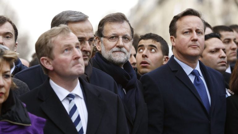 El presidente del Gobierno, Mariano Rajoy durante la manifestación en París en protesta contra los atentados terroristas